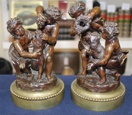 A pair of late 19th / early 20th century patinated bronze putti groups, 9.25in.